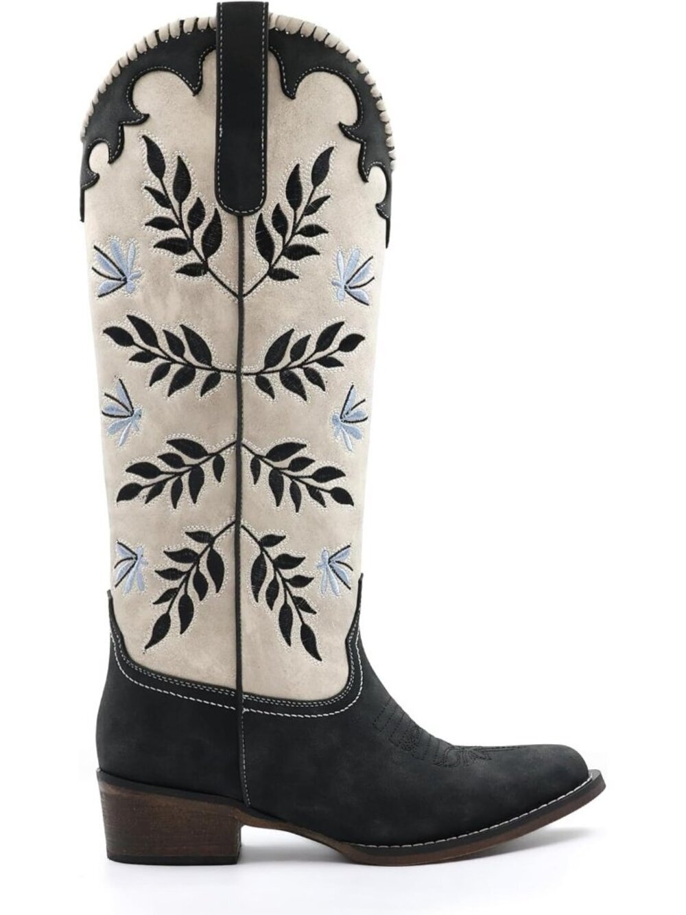 Women's Black Cowboy Boots Leaf Embroidered Pull on Knee High Round Toe Boots - Picture 4 of 6